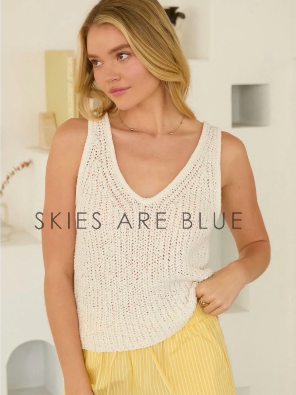 Skies Are Blue Ivory Open-Knit V-Neck Tank Top